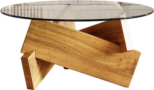 Miniatura 6 de Honyee Mesa de café redonda moderna, 78 cm x 78 cm x 41 cm con tapa de cristal templado para sala de estar, Color: Madera natural