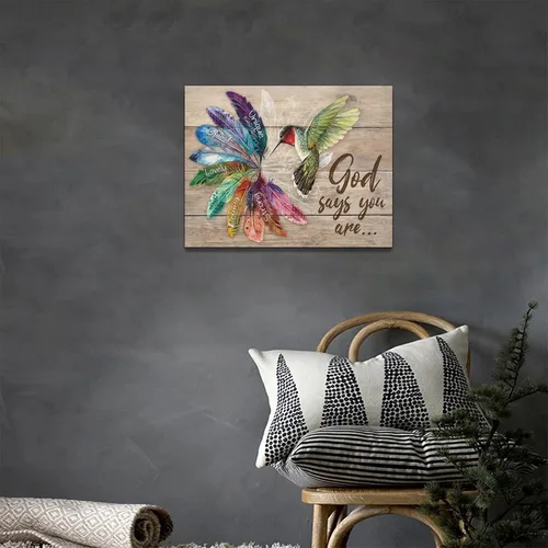 Miniatura 9 de Arte de pared de colibrí cristiano con texto en inglés "God says you ers", impresiones en lienzo, pintura rústica de pájaros de campo, obras de arte