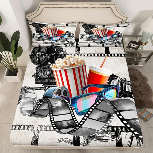 Miniatura 14 de Erosebridal Sábana bajera ajustable de noche de cine tamaño individual para niños y niñas, decoración de cine en casa, sábanas para amantes