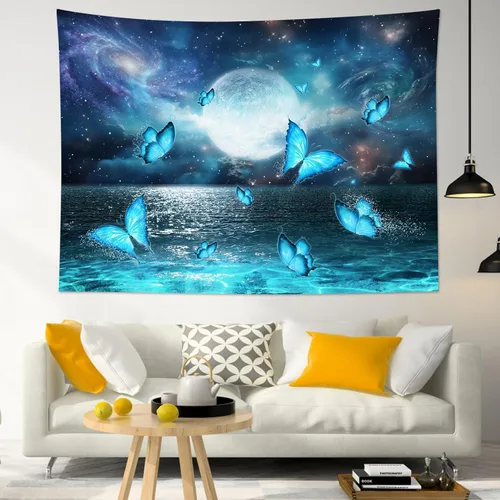 Miniatura 10 de LB Tapiz pequeño de luna llena sobre océano, tapiz psicodélico de mariposa verde azulado, tapiz de cielo nocturno estrellado y luna y estrellas