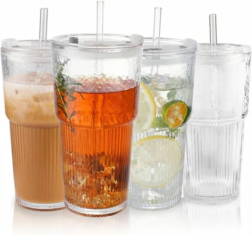 Miniatura 10 de Vasos de vidrio de 20 onzas con tapas y popotes: vaso de café helado con tapas, vasos gruesos reutilizables acanalados para llevar, vasos Matcha 2