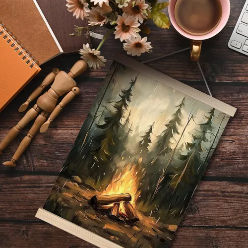 Miniatura 3 de Arte de pared para el hogar, bosque rústico, fogata, campamento, arte de pared, paisaje de naturaleza de montaña oscura, escena nocturna, lienzo