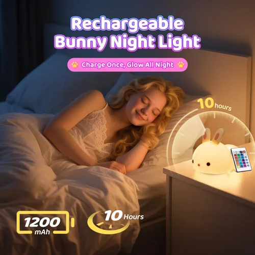 Miniatura 6 de One Fire Juguetes de Conejo para Niños, Luz Nocturna para Niños con Control Remoto, 16 Colores + 5 Niveles de Brillo, Lámpara Linda, Luz Nocturna
