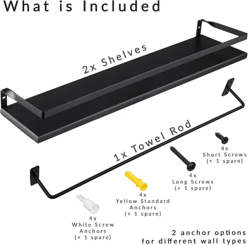 Miniatura 5 de Peter's Goods Estantes flotantes de pared con riel, grandes, color negro moderno, juego de 2 estantes con toallero - Estante de madera montado