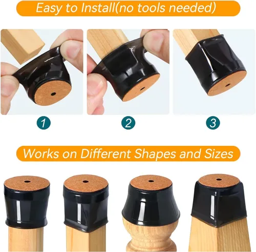Miniatura 4 de 24 piezas Protectores de Suelo Negros para Patas de Silla, Almohadillas de Fieltro para Muebles Fundas de Silicona Tapas para Sillas, Protectores
