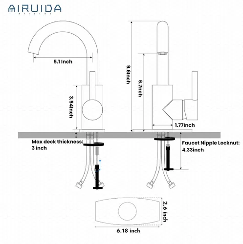 Miniatura 5 de Airuida Grifo de baño de un solo agujero, acero inoxidable giratorio de 360° con drenaje desplegable y placa de cubierta, grifo moderno de barra