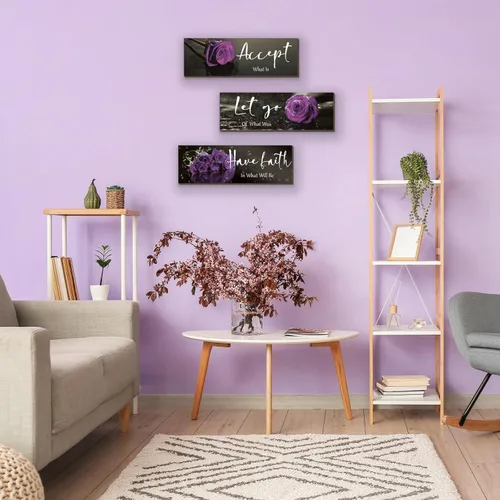 Miniatura 6 de ZINYAZHE 3 piezas de decoración de pared morada, decoración de baño morada, decoración de pared de rosa de madera con citas de aceptar dejar ir Rosa