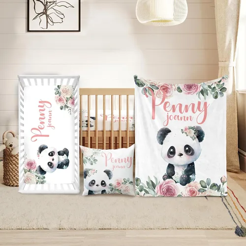 Miniatura 25 de Juego de ropa de cuna personalizado Duckbe - Diseño de oso con nombre personalizado para guardería de bebé, juego de 3 piezas - Manta suave