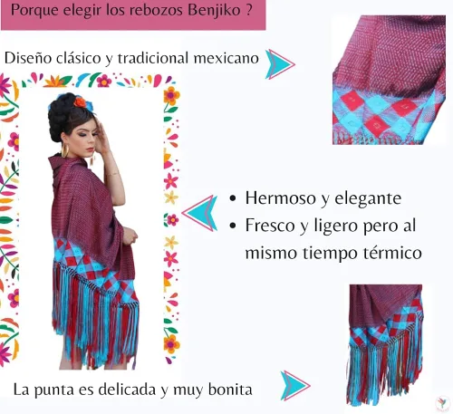 Miniatura 7 de Chal mexicano Benjko, rebozo reboso para eventos mexicanos, Multicolor