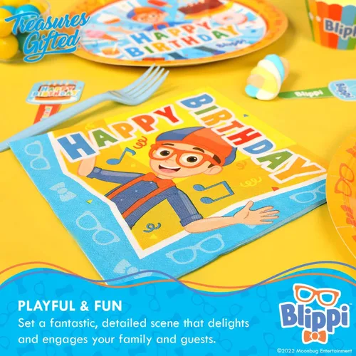 Miniatura 4 de Treasures Gifted Servilletas de fiesta Blippi con licencia oficial, paquete de 16 servilletas Blippi, suministros para fiesta de cumpleaños