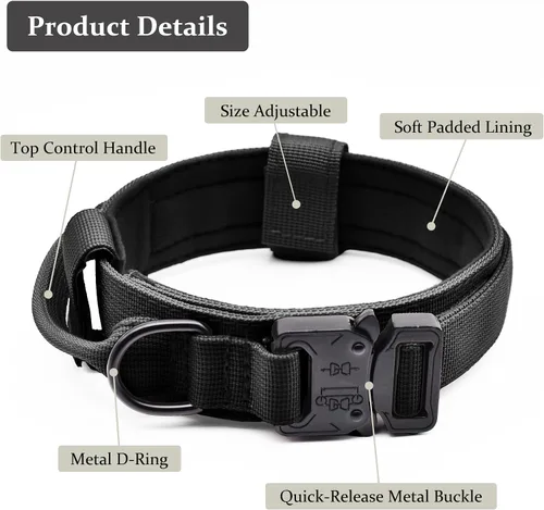 Miniatura 2 de Collar táctico para perro, collar ajustable de nailon para entrenamiento militar con mango de control y hebilla metálica de liberación rápida pesada