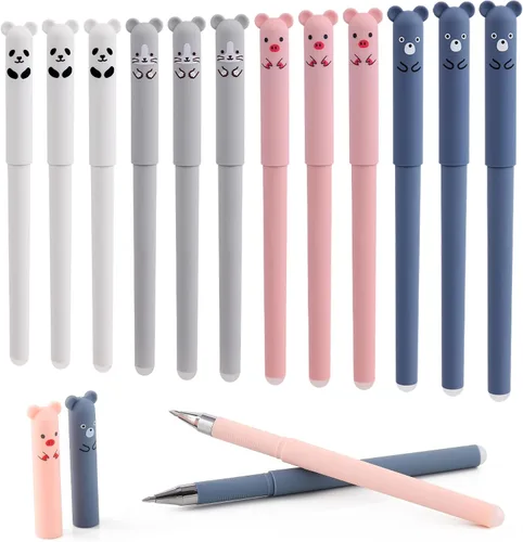 Miniatura 9 de Bolígrafos de gel borrables de animales de dibujos animados, 12 unidades, punta fina de 0.020 in, bolígrafos de tinta negra recargables