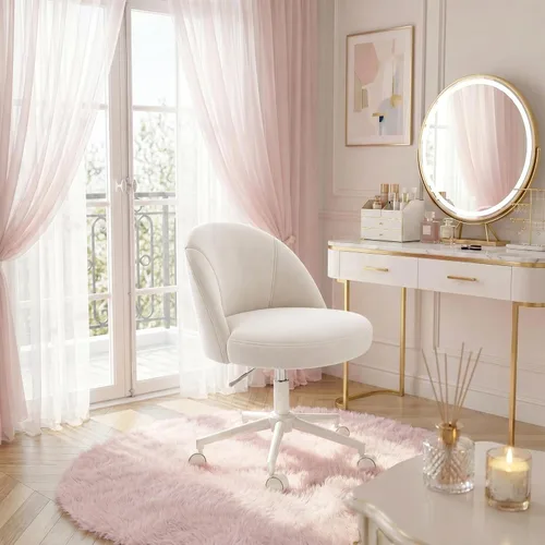 Miniatura 10 de EnHomee Silla de tocador con ruedas, silla de oficina pequeña con respaldo, bonita silla de escritorio sin brazos para sala de maquillaje, oficina