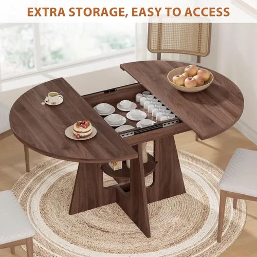 Miniatura 3 de Mesa de comedor redonda extensible para 4-8, mesa de comedor moderna de cocina de 43.3 a 59 pulgadas con estante de almacenamiento, mesa de comedor