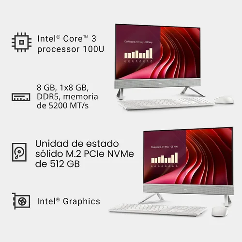 Miniatura 9 de Dell 24 All-in-One Desktop ec24250 - Pantalla FHD de 23.8 pulgadas, procesador Intel Core 3 100U, gráficos Intel, 8 GB DDR5 RAM, SSD de 512 GB