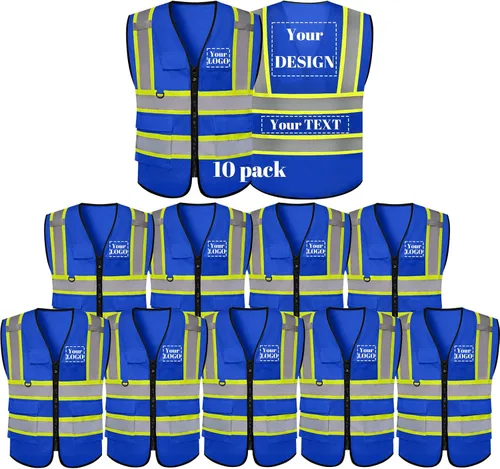 Miniatura 7 de Chaleco de seguridad de malla personalizado con LOGOTIPO Chaleco reflectante de alta visibilidad con 5 bolsillos y cremallera Azul personalizado