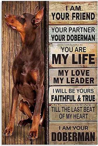 Doberman - Letreros de metal con texto en inglés "I Am Your Friend Your Partner, póster divertido para cafetería, sala de estar, cocina, baño,