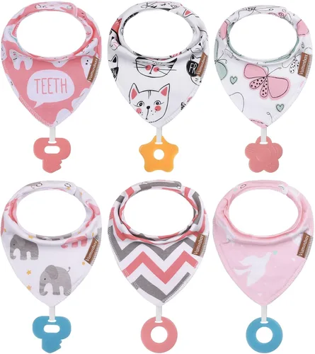 Miniatura 8 de Baberos tipo bandana para bebé, paquete de 6 unidades y juguetes para la dentición, paquete de 6, hechos con 100% algodón orgánico, absorbente