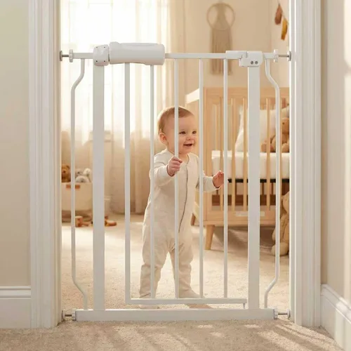 Miniatura 29 de Puerta extra ancha para bebé, puertas de seguridad extra altas para interiores, metal negro, gran montaje a presión, puerta para mascotas, puerta
