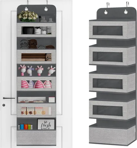 Organizador colgante para colgar sobre la puerta con 5 bolsillos grandes, ventanas transparentes de montaje en pared y 2 ganchos de metal ampliados