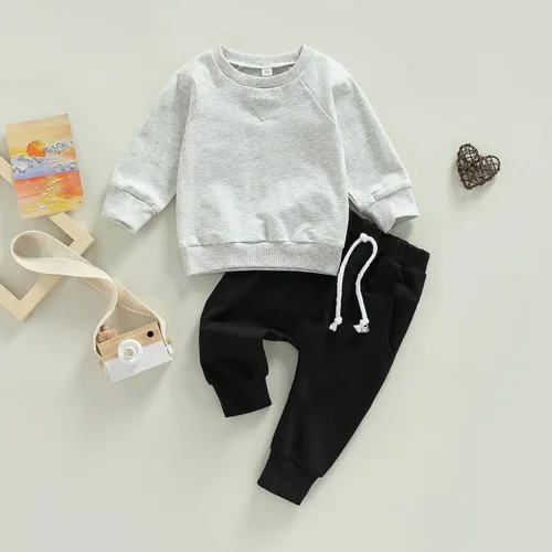 Miniatura 51 de Conjunto de 2 piezas de sudadera de manga larga con cuello redondo y pantalones casuales para bebés y niños pequeños