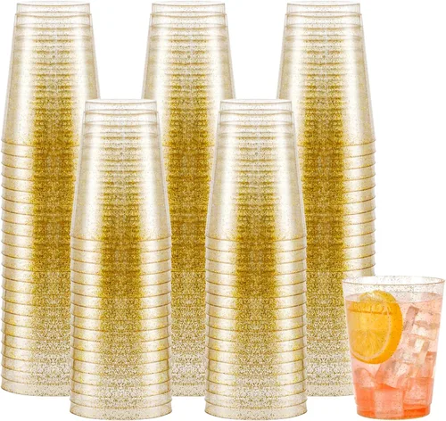 Miniatura 12 de Supernal 100 piezas de vasos de plástico azules, vasos desechables transparentes azules claros de 10 onzas con borde dorado, vasos de plástico