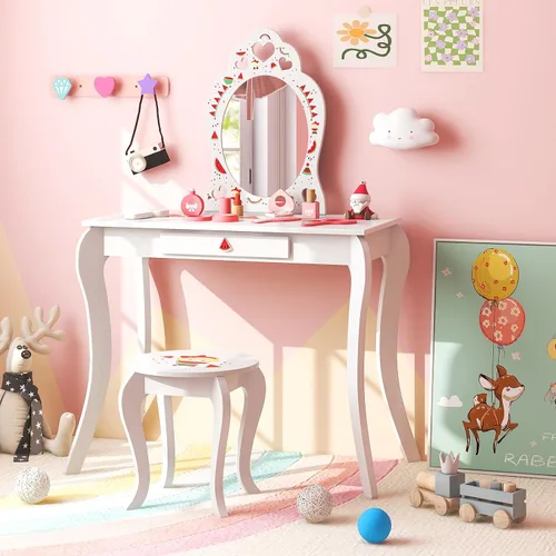 Miniatura 8 de Costzon Juego de tocador para niñas, juego de tocador con espejo y taburete, cajón de almacenamiento, tocador de maquillaje para niñas pequeñas