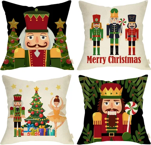 Juego de 4 fundas de almohada decorativas con diseño de cascanueces navideñas, 20 x 20 pulgadas, árbol de Navidad, soldado de madera de dibujos