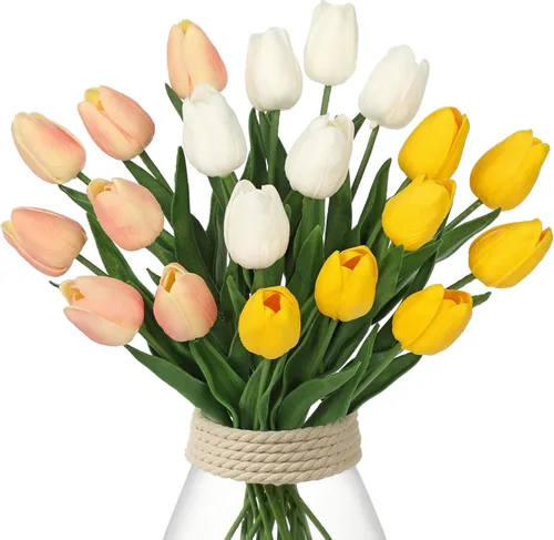 20 tulipanes artificiales mixcolor de tacto real, flores falsas para el día de la madre, 13.5 pulgadas, tulipanes sintéticos, flores artificiales a
