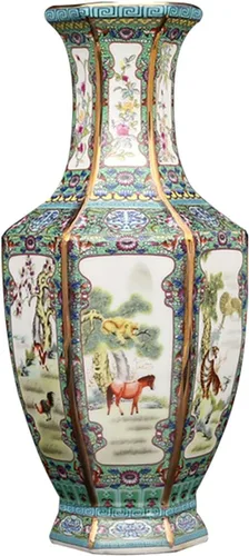 QueenBox® Jarrones de planta de cerámica hexagonal y animales, pintura china, florero de flores de paisaje, adornos tradicionales de porcelana