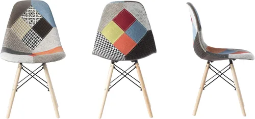 Miniatura 4 de Silla de comedor moderna de mediados de siglo tapizada de plástico multicolor Patchwork DSW Shell con patas Eiffel de clavija de madera