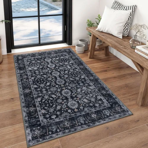 Miniatura 93 de KUTA Alfombras vintage de 2 x 3 pies para entrada, antideslizantes, lavables, tapete para puerta de interior con estampado floral, azul, gris, Azul
