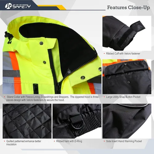 Miniatura 6 de JKSafety Chaqueta bomber de invierno reflectante 3M impermeable de alta visibilidad con 10 bolsillos Parte inferior amarillo neón negro Bolsillo