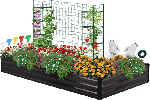 Miniatura 8 de ONCEMORE Cama de jardín elevada galvanizada para verduras, flores, hierbas, kit de cama de jardín elevada de metal con 2 jaulas de tomate, guantes