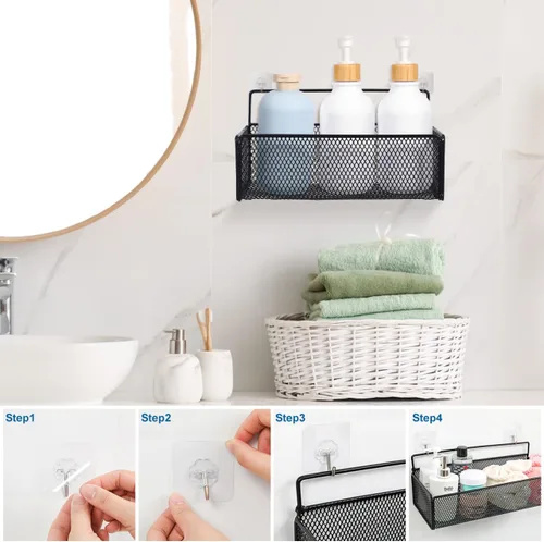 Miniatura 8 de OSALADI Estante de almacenamiento de malla montado en la pared de 10.23 x 5.90 x 5.11 pulgadas, estante de alambre negro para baño, cocina
