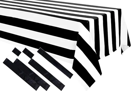 Miniatura 8 de 1 mantel a rayas blancas y negras de plástico impermeable de 54 x 108 pulgadas, fundas de mesa geométricas a rayas para comedor, campamento, picnic