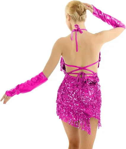 Miniatura 4 de YiZYiF Vestido de baile con cuello halter latino, salsa de tango, bailes y lentejuelas