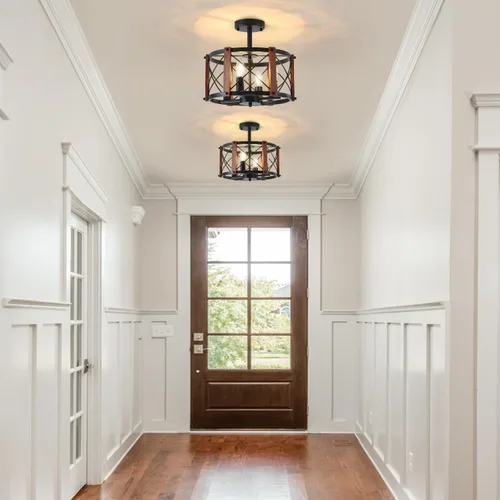 Miniatura 2 de Lámpara de techo semiempotrada rústica de 4 luces, 12.57 pulgadas, moderna, para entrada, pasillo, lámpara de cocina con tambor de madera de roble