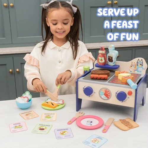 Miniatura 4 de Bluey 8th Wonder - Juego de juguetes de madera para ensalada y barbacoa, 33 piezas con pinzas, comida y 6 tarjetas de recetas, juguetes de cocina