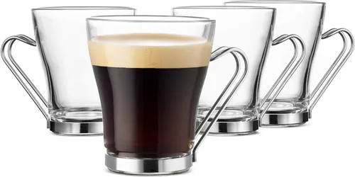 Bormioli Rocco Oslo - Taza de vidrio templado de 7.5 onzas con mango extraíble de acero inoxidable para café, té, lattes y bebidas calientes, juego