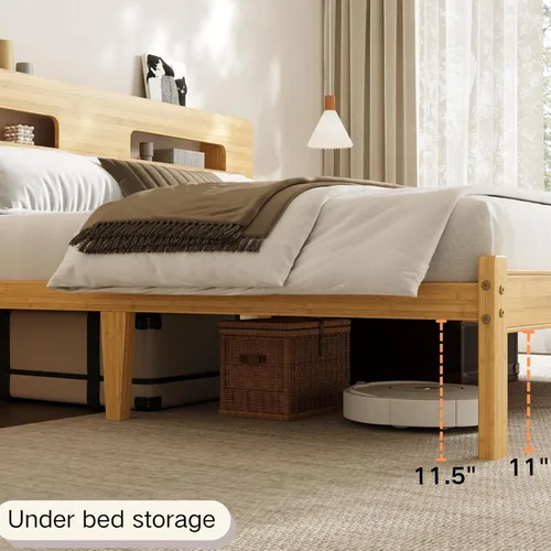 Miniatura 7 de Base de cama de tamaño matrimonial de 14 pulgadas de bambú con cabecera de almacenamiento, marcos de cama sólidos, soporte de listones de metal