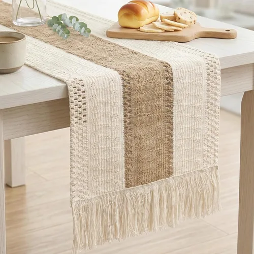 Miniatura 3 de OurWarm Camino de mesa de macramé estilo granja, camino de mesa bohemio de arpillera natural, decoración de granja moderna, algodón rústico tejido