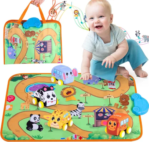 Nuevo juego de vehículos de tracción con alfombra musical y manta de juego táctil, juego de juguetes suaves para bebés con 4 lindos autos de
