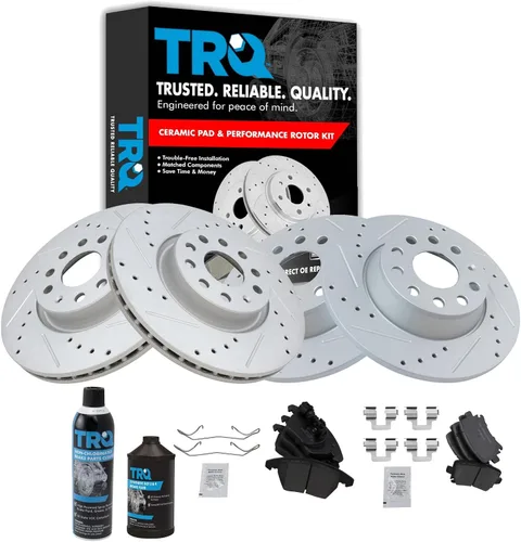 TRQ Kit de pastillas de freno delanteras y traseras y rotores de cerámica de alto rendimiento con revestimiento en G ranurado X perforado compatible