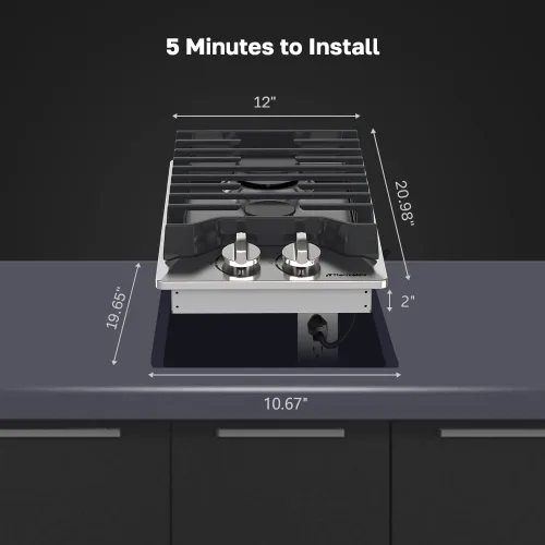 Miniatura 7 de Placa de Cocina de Gas de 12 Pulgadas, ThermoMate, Estufa de Gas Integrada de Acero Inoxidable 304 con 2 Quemadores de Alta Eficiencia Sabaf