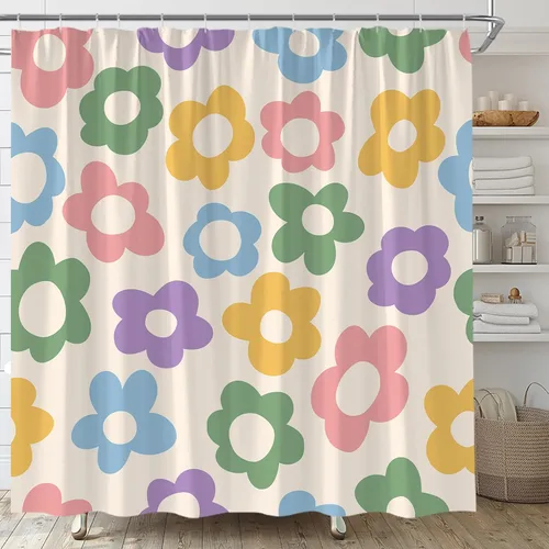 Miniatura 8 de Cute Retro Flower Shower Curtain Groovy Vintage Floral Funky Hippie Pastel Black Beige Daisy Abstract Aesthetic Fabric Bathroom Curtain Set with