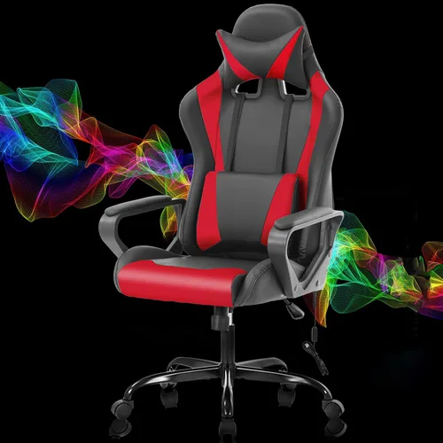 Miniatura 7 de Silla ergonómica para videojuegos, silla de oficina de piel sintética con respaldo alto y soporte lumbar ajustable y reposacabezas - Silla giratoria