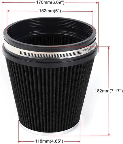 Miniatura 6 de 6" 152 mm Filtro de aire de entrada de alto flujo, Filtro de cono de admisión de aire de repuesto de rendimiento lavable con abrazadera en seco, 6