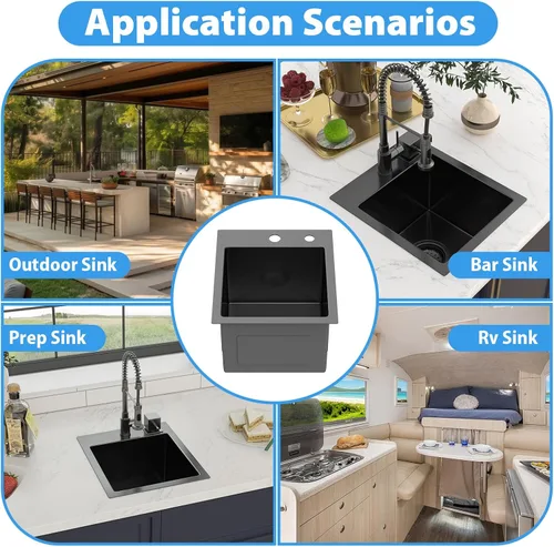Miniatura 8 de Fregadero de cocina de 13 pulgadas color negro plomizo de 13 x 15 pulgadas, fregadero de cocina de acero inoxidable calibre 18, fregadero hecho a