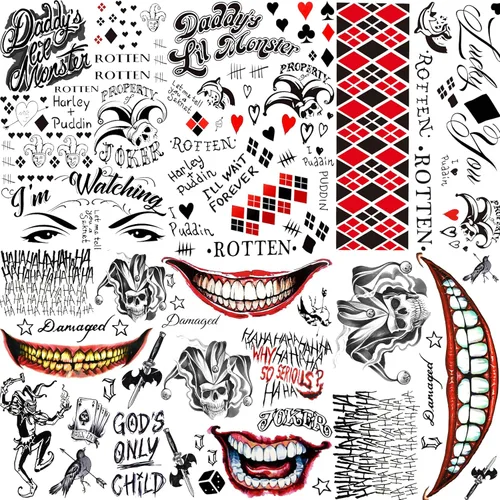 COKTAK Juego de 6 hojas de tatuajes de bromista para Halloween, disfraz de cosplay, HQ payaso Joker tatuajes faciales, tatuajes temporales falsos de